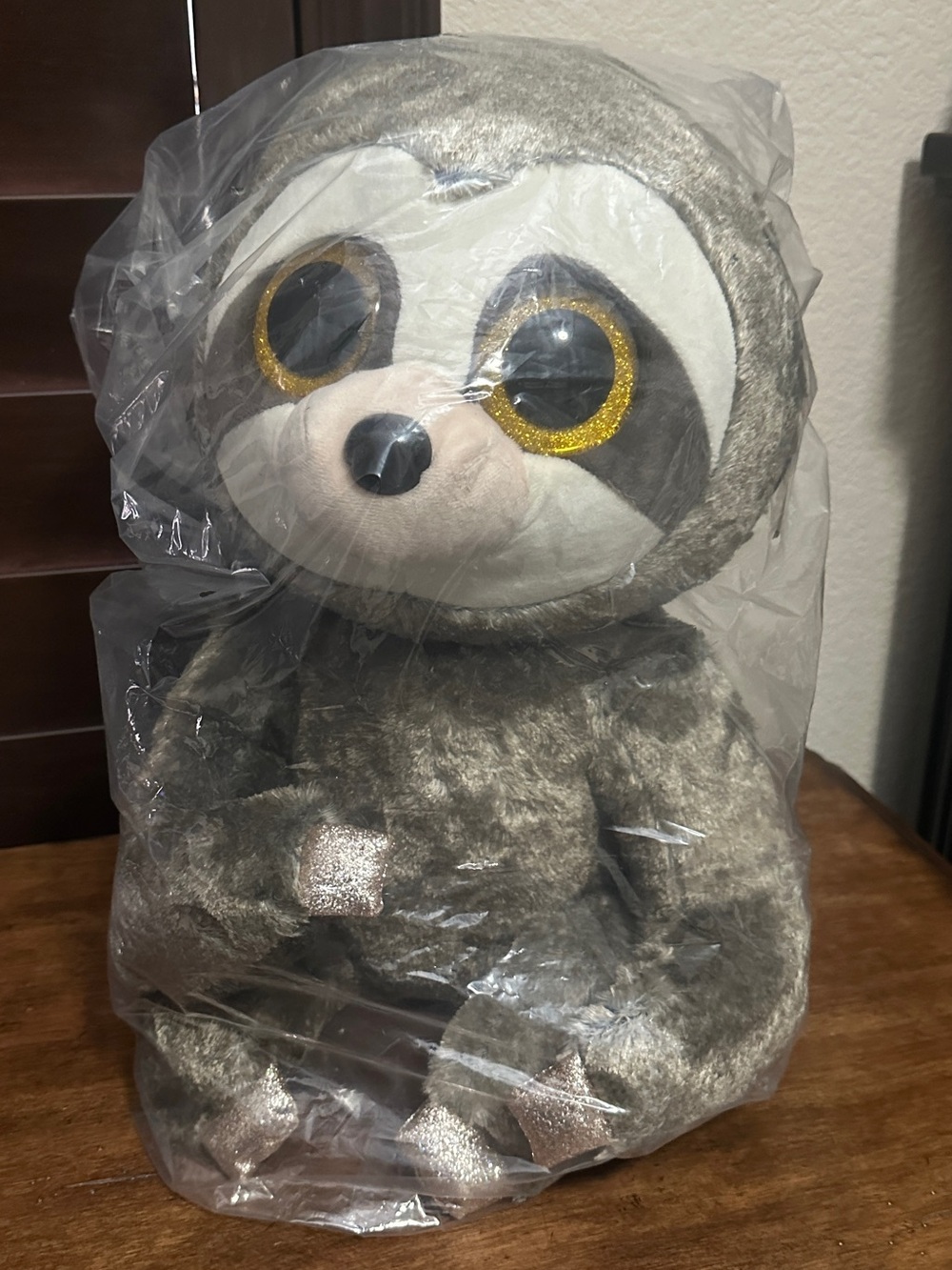 Ty 16” Gray and Cream Big-Eyed Sloth Plush with Gold Trim Eyes